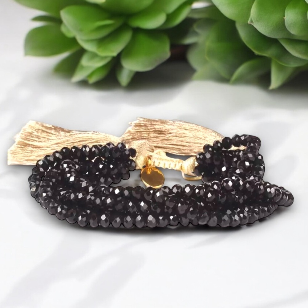 Multi Strand Beaded Pull Cord Bracelet in Black